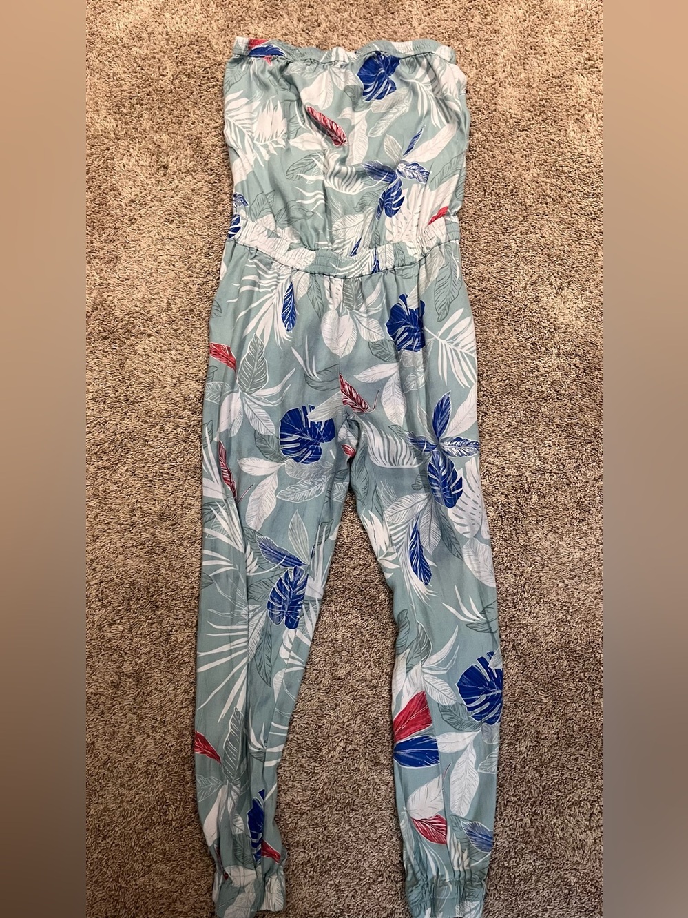 Strapless Tropical Leaf Print Jumpsuit in Light Green